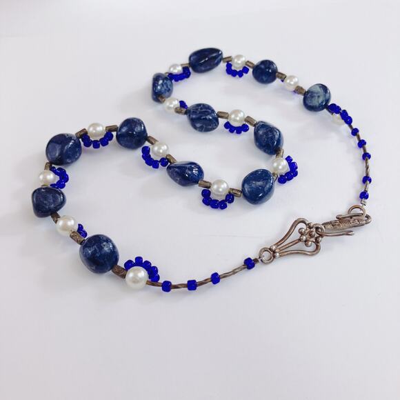 Sodalite Beaded Necklace, 90s Boho Tribal Faux Pearl Gemstone Eclectic Jewelry - Picture 8 of 10